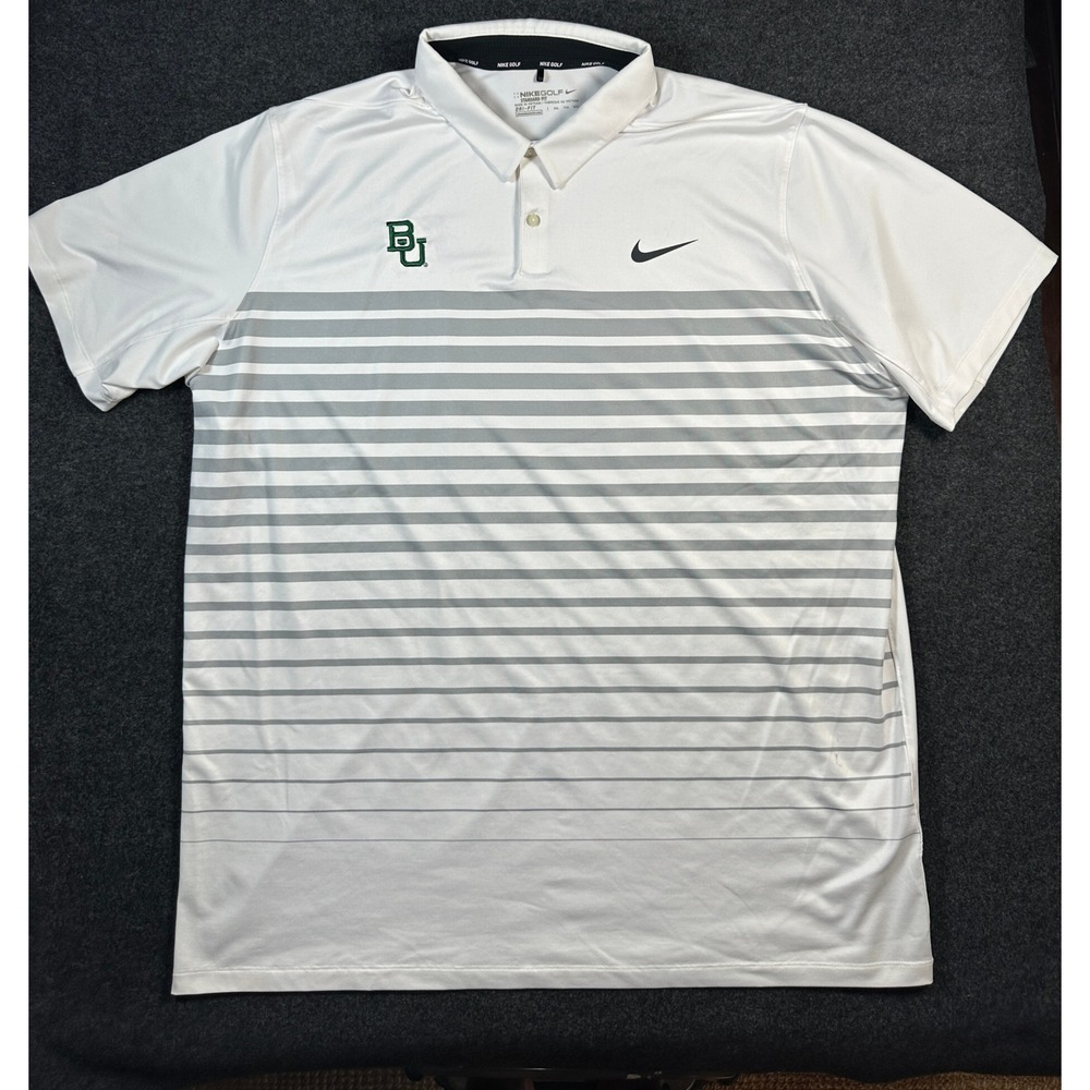 Nike Golf Baylor University Polo Shirt Mens XXL White Grey Striped Dri-FIT BU
